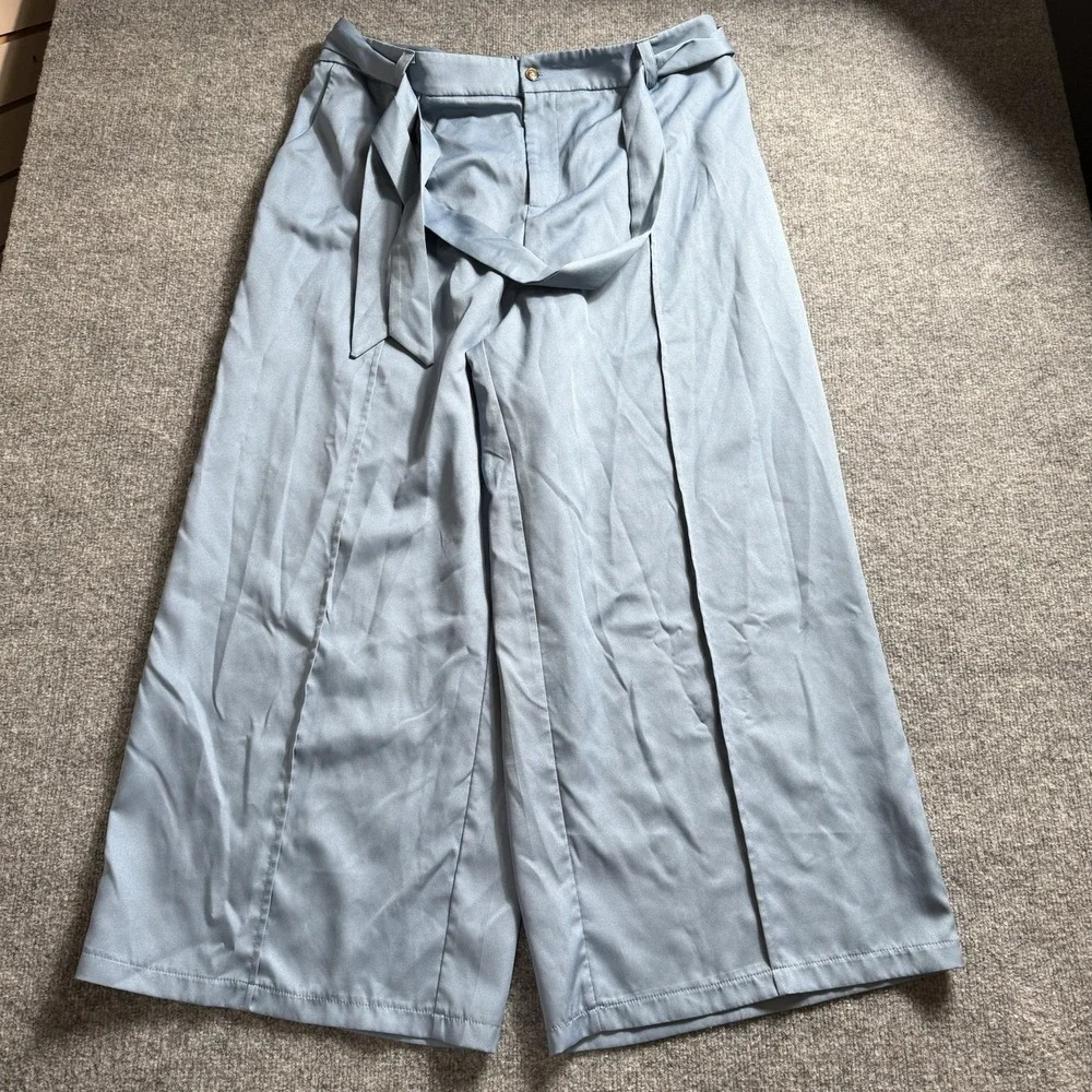 Womens Light Blue Belted Wide Leg Dress High Waist Tie Waist Dress Pants 4X